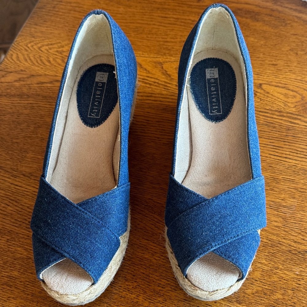 Relativity Blue Denim Peep-Toe Espadrille Wedges